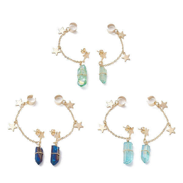 

PandaHall 3 Pairs 3 Color Dyed Natural Quartz Crystal Irregular Nuggets Dangle Stud Earrings Crawler Earrings, Brass Cuff Earring Chains..., Multicolor