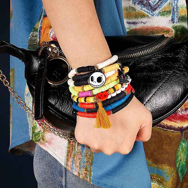 Halloween Theme, Polymer Clay Heishi Beaded Stretch Bracelets, with Alloy Findings, Cotton Thread Tassels and Synthetic Turquoise Beads, Golden, Mixed Color, Inner Diameter: 2 inch(5.2cm), 10pcs/set