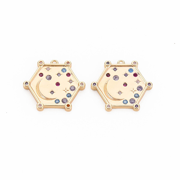 

PandaHall Brass Micro Pave Cubic Zirconia Pendants, Nickel Free, Real 18K Gold Plated, Hexagon with Moon & Star, Cornflower Blue...