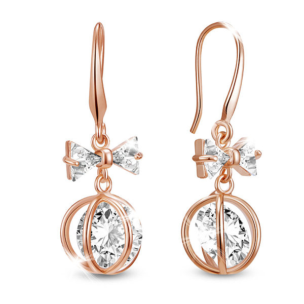 PandaHall SHEGRACE Brass Dangle Earrings, with Grade AAA Cubic Zirconia, Bowknot and Round, Rose Gold, 37mm Cubic Zirconia Clear