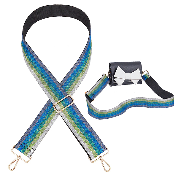 

PandaHall Stripe Pattern Glittered Polyester Adjustable Webbing Bag Straps, with Alloy Swivel Clasps, Blue, 78~144x5cm Polyester Blue