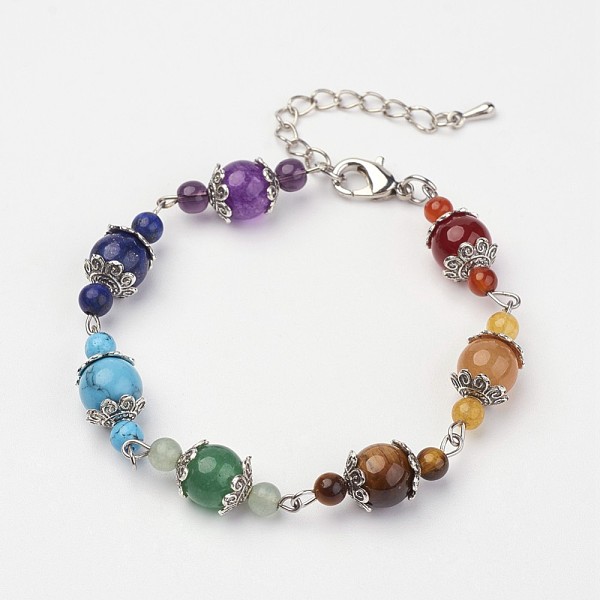 

PandaHall Natural & Synthetic Gemstone Beaded Bracelets, with Alloy Bead Caps and Brass Lobster Claw Clasps, Colorful, 7-1/8 inch(180mm)...