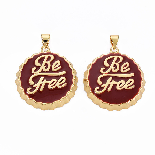 

PandaHall Brass Enamel Pendants, Cadmium Free & Nickel Free & Lead Free, Real 16K Gold Plated, Bottle Cap with Word Be Free, Dark Red...