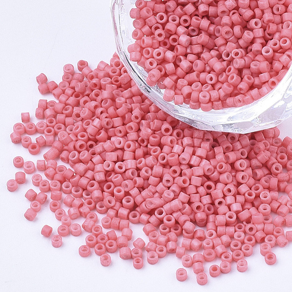 

PandaHall Baking Paint Cylinder Seed Beads, Uniform Size, Light Coral, 1.5~2x1~2mm, Hole: 0.8mm, about 4000pcs/bag, about 50g/bag Glass Red