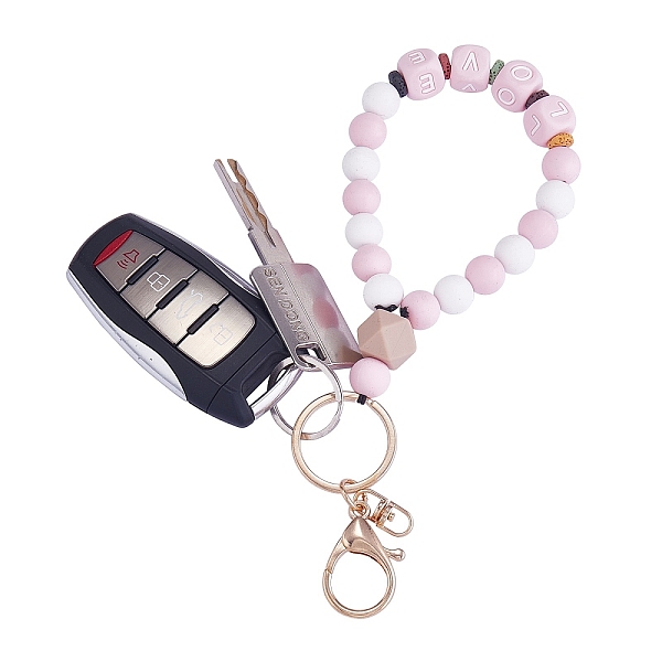 

PandaHall Silicone Round Beaded Keychain Wristlet, Letter Love Natural Lava Rock Beads Keychain, with Alloy Keychain Clasps Finding, Pink...