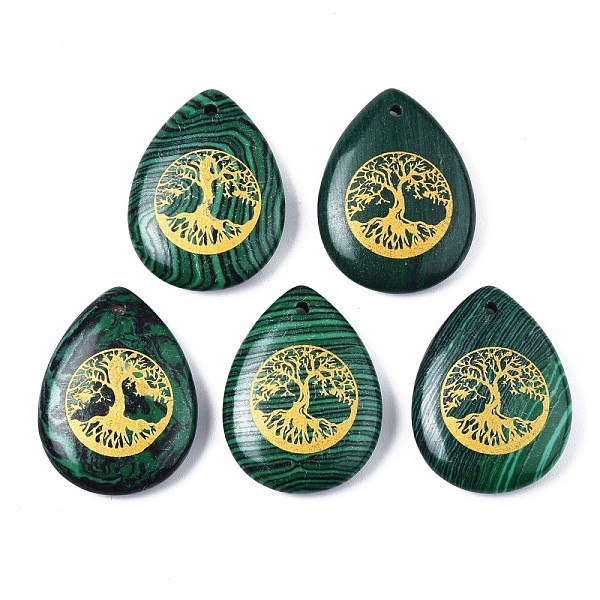 

PandaHall Synthetic Malachite Pendants, Teardrop with Tree of Life Pattern, 32~33.5x25~26x6.5~7.5mm, Hole: 2mm, 6pcs/bag Malachite Teardrop