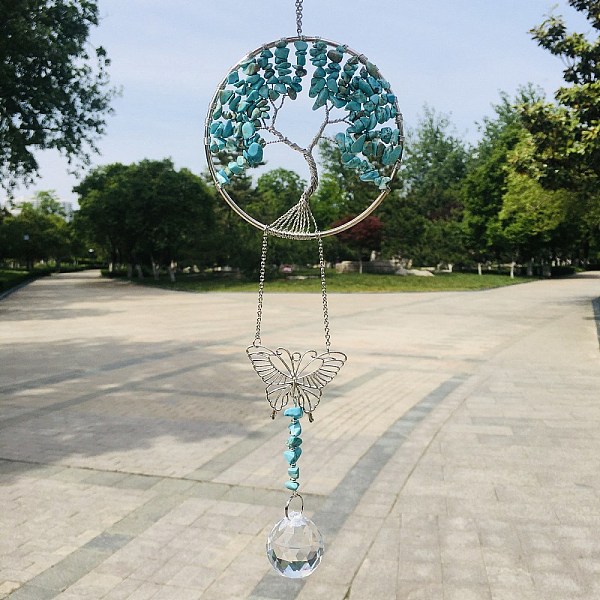 

PandaHall Glass Teardrop Pendant Decoration, Hanging Suncatchers, with Synthetic Turquoise Chip Tree of Life, for Window Home Garden...
