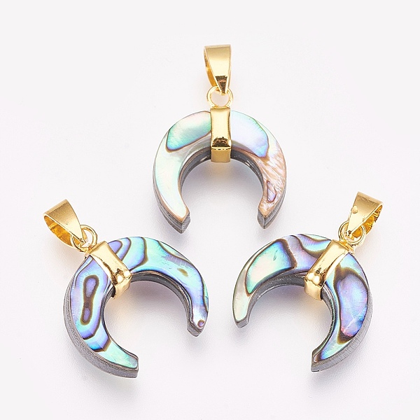 

PandaHall Paua Shell Pendants, with Brass Findings, Double Horn/Crescent Moon, Golden, 22~23x20x6.5~8mm, Hole: 4x7mm Paua Shell Moon