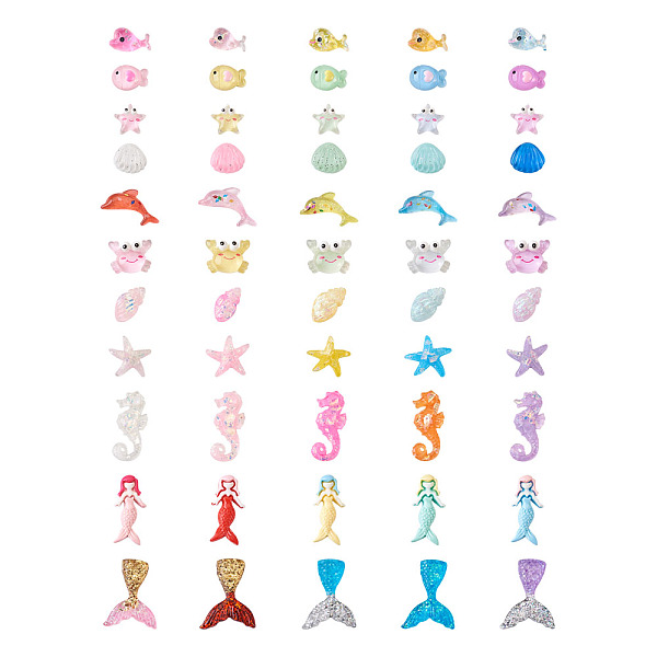 

PandaHall 110Pcs 11 Style Opaque Resin Cabochons, Sea Horse & Whale & Sea Stars & Dolphin & Mermaid & Shell & Mermaid Tail & Little Fish &..., Multicolor