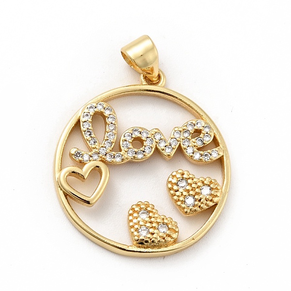 

PandaHall Rack Plating Brass Micro Pave Clear Cubic Zirconia Pendants, Long-Lasting Plated, Lead Free & Cadmium Free, Round Ring with Heart...