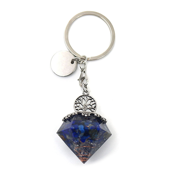 

PandaHall Reiki Energy Natural Lapis Lazuli Chips in Resin Diamond Shape Pendant Keychain, with Tree of Life Charm, 9cm Lapis Lazuli Diamond