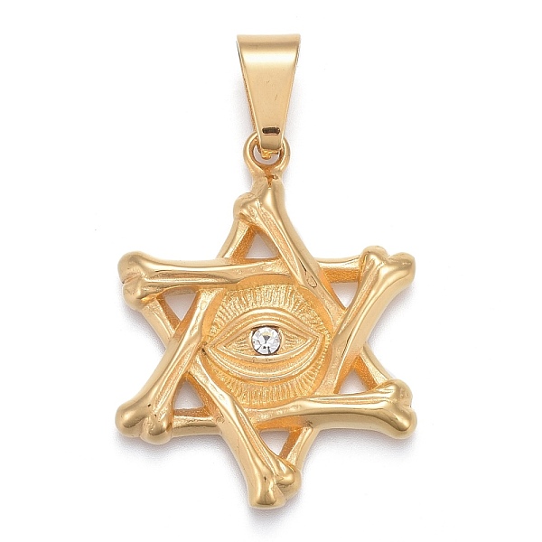 

PandaHall 304 Stainless Steel Pendants, with Crystal Rhinestone, Star of David with Evil Eye, Golden, 42x32.5x4mm, Hole: 6x11.5mm Stainless..., Clear