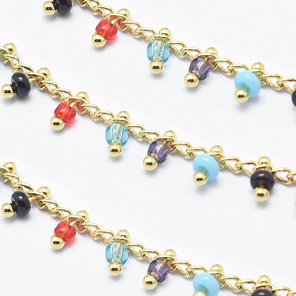 

PandaHall Handmade Glass Beaded Chains, Soldered, with Spool, Brass Chain, Golden, Long-Lasting Plated, Colorful, 6x2mm, Chain: about 2mm...