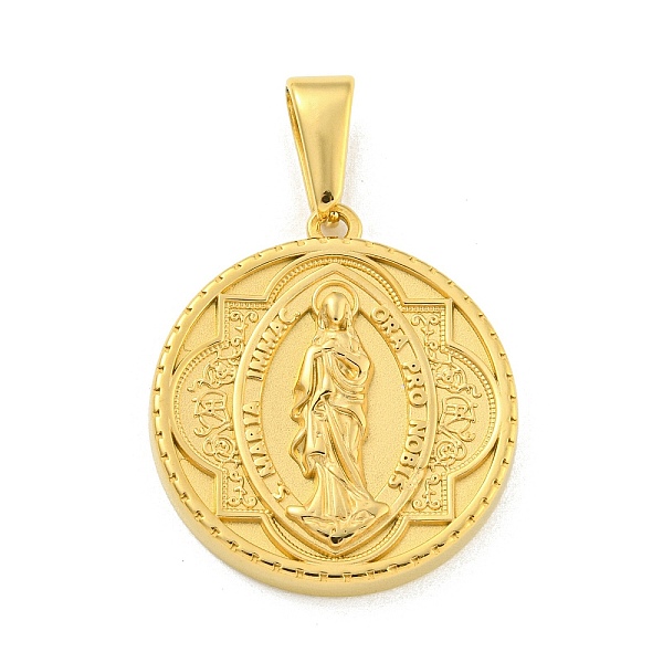 

PandaHall Ion Plating(IP) 304 Stainless Steel Pendants, Flat Round with Saint Charm, Religion, Golden, 29x26x4.5mm, Hole: 9.8x4.8mm 304...