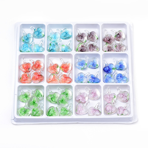

PandaHall Handmade Lampwork Pendants, Inner Flower, Heart, Mixed Color, 30~32x21~22x9~10mm, Hole: 6~8mm, 50pcs/box Lampwork Heart Multicolor