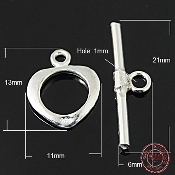 PandaHall 925 Sterling Silver Toggle Clasps, Ring: 13x11mm, Bar: 21x6mm, Hole: 1mm Sterling Silver Ring Silver