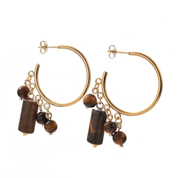 

PandaHall 304 Stainless Steel Dangle Stud Earrings, Half Hoop Earrings, with Ear Nuts, Natural Tiger Eye Beads and Flower Alloy Spacer Beads...