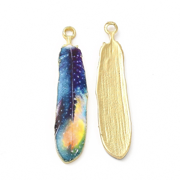 

PandaHall Rack Plating Alloy Pendants, Printed, Lead Free & Cadmium Free & Nickel Free, Feather Charm, Light Gold, Sky Blue, 36.5x8x1.5mm...