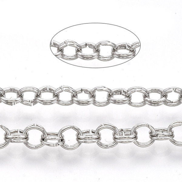 

PandaHall Iron Rolo Chains, Double Link Chains, Unwelded, with Spool, Platinum, Link: 3.6x0.5mm, about 164.04 Feet(50m)/roll Iron