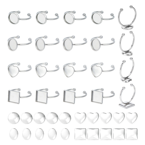 

PandaHall Unicraftale DIY Blank Cuff Ring Making Kit, Including 304 Stainless Steel Open Ring Components, Glass Cabochons, Heart & Square &..., Clear