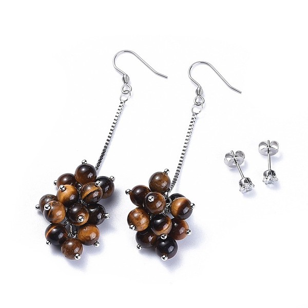 

PandaHall Earring Sets, with Natural Tiger Eye Round Beads, Cubic Zirconia and Stainless Steel Findings, Cardboard Jewelry Boxes, 72~74mm...