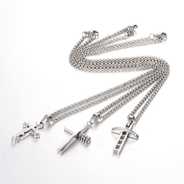 

PandaHall 304 Stainless Steel Rolo Chain Cross Pendant Necklaces, with Lobster Claw Clasps, Stainless Steel Color, 15.7 inch(40cm) 304...