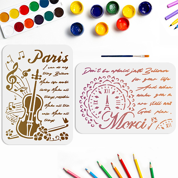 PandaHall MAYJOYDIY 2pcs Travel Music Word Stencils Cello Music Note Stencils Retro Clock Paris Pattern 11.7×8.3inch with Paint Brush...