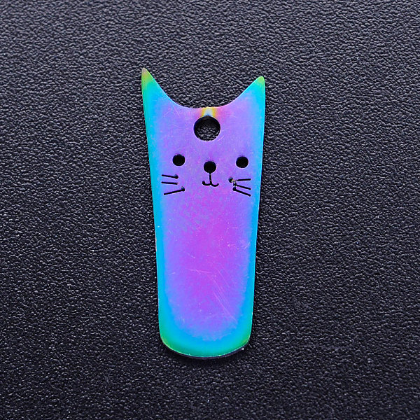 

PandaHall Ion Plating(IP) 201 Stainless Steel Kitten Pendants, Rectangle with Cat Shape, Rainbow Color, 20x8x1mm, Hole: 1.6mm 201 Stainless...