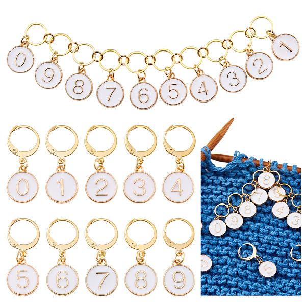 

PandaHall DIY Knitting Tools, including 0~9 Number Alloy Enamel Pendant Stitch Markers and Beaded Knitting Row Counter Chains for Knitting..., White