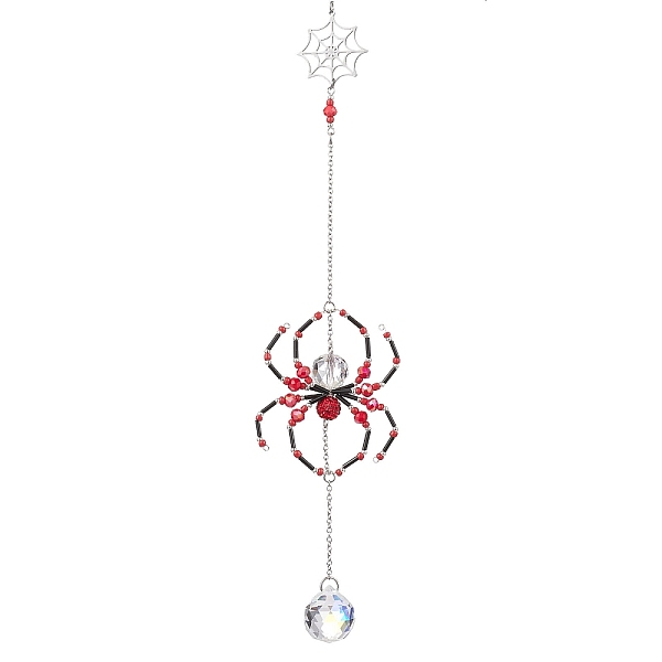 

PandaHall Spider Glass Beaded Hanging Ornaments, Round Tassel for Home Garden Decorations, Red, 275mm 304 Stainless Steel Spider Red