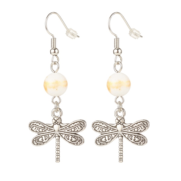 

PandaHall Round Natural Mashan Jade with Alloy Dragonfly Dangle Earrings, Brass Earrings for Women, Floral White, 50mm, Pin: 0.6mm Mashan...