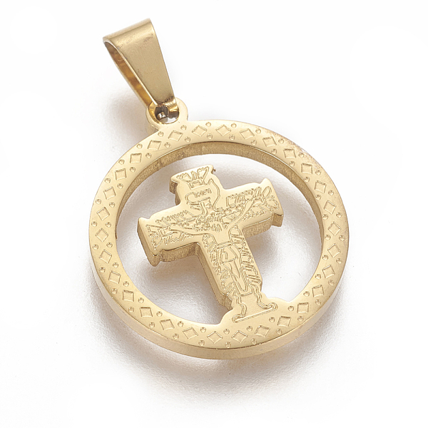

PandaHall 304 Stainless Steel Pendants, For Easter, Flat Round with Crucifix Cross, Golden, 22.5x20x2mm, Hole: 4x6mm 304 Stainless Steel...