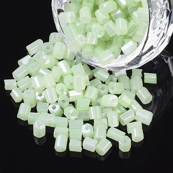 

PandaHall 6/0 Two Cut Glass Seed Beads, Hexagon, Opaque Ceylon & Lustered, Pale Green, 3.5~5x3.5~4mm, Hole: 1mm, about 4500pcs/bag Glass...