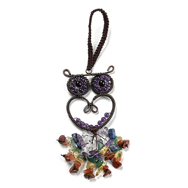 

PandaHall Wire Wrapped Brass Owl & Natural Amethyst Pendant Decoration, Braided Nylon Thread and Gemstone Chip Tassel Hanging Ornaments...