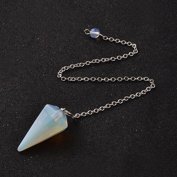 

PandaHall Platinum Tone Brass Opalite Cone Hexagonal Pointed Dowsing Pendulums, with Lobster Claw Clasps, 230x3mm Opalite Cone