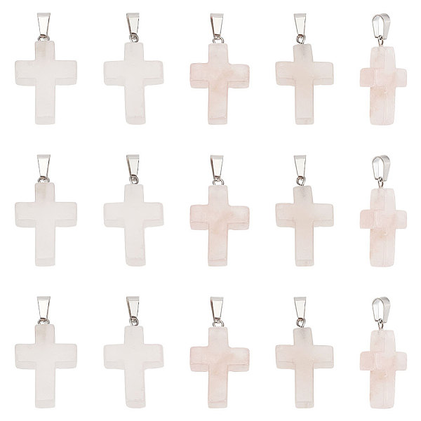 

PandaHall Unicraftale 16Pcs Religion Natural Rose Quartz Pendants, Cross Charm, with Stainless Steel Findings, Stainless Steel Color...