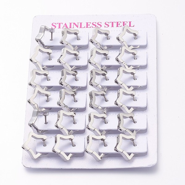 

PandaHall 304 Stainless Steel Huggie Hoop Earrings, Star, Stainless Steel Color, 15x15x3mm, Pin: 1mm, 12pairs/card 304 Stainless Steel Star