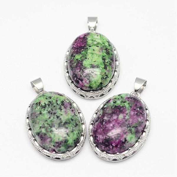 

PandaHall Natural Ruby in Zoisite Pendants, with Brass Findings, Oval, Platinum, 30x21x10~11mm, Hole: 6x4mm Ruby in Zoisite Oval