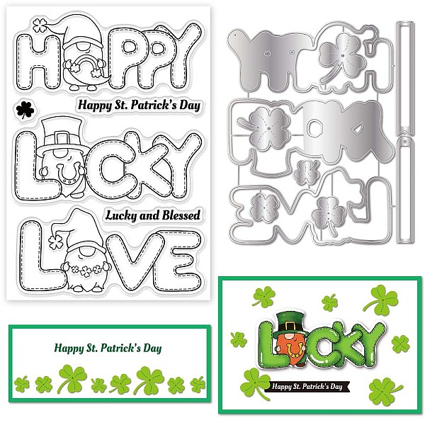 

PandaHall Globleland DIY Scrapbook Kits, including 1Pc Carbon Steel Cutting Dies Stencils and 1 Sheet PVC Plastic Stamps, Shamrock & Word...