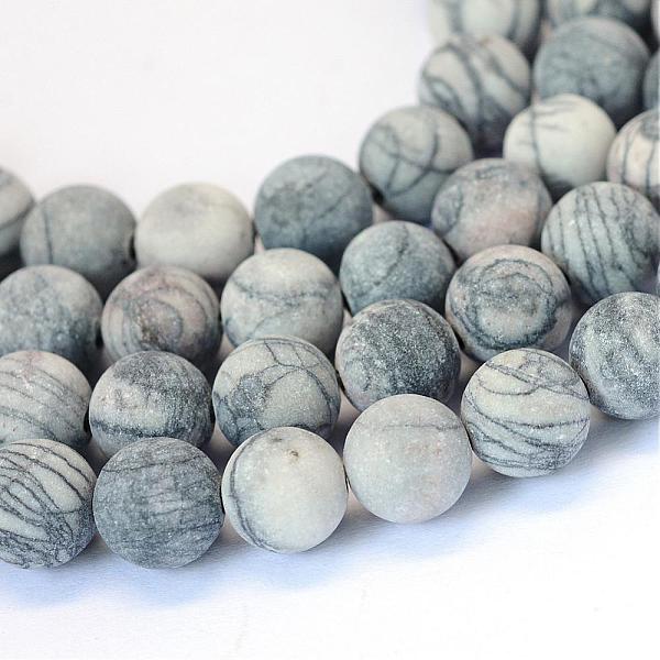 

PandaHall Frosted Natural Black Silk Stone/Netstone Round Bead Strands, 8~8.5mm, Hole: 1mm, about 47pcs/strand, 15.5 inch Netstone Round