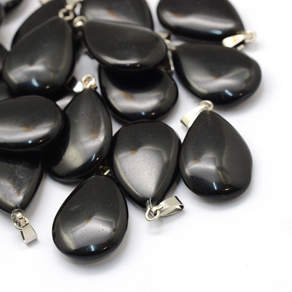 

PandaHall Teardrop Natural Black Stone Pendants, with Platinum Tone Brass Findings, 25~29x16~17x5~6mm, Hole: 2x7mm Black Stone Teardrop
