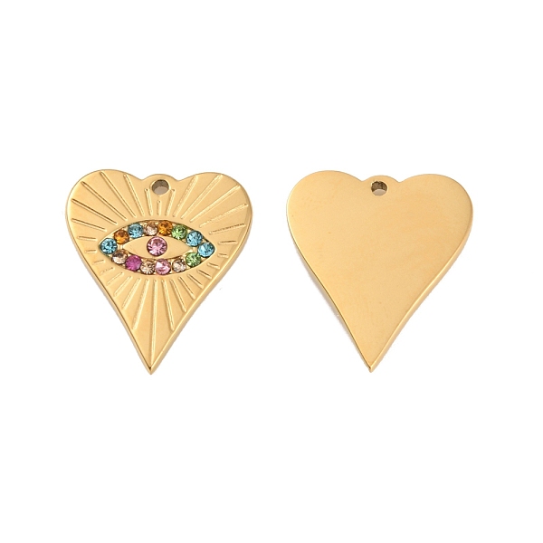 

PandaHall Ion Plating(IP) 304 Stainless Steel Pendants, with Rhinestone, Real 18K Gold Plated, Heart with Eye Charm, Crystal AB, 17.5x15x2mm..., Clear
