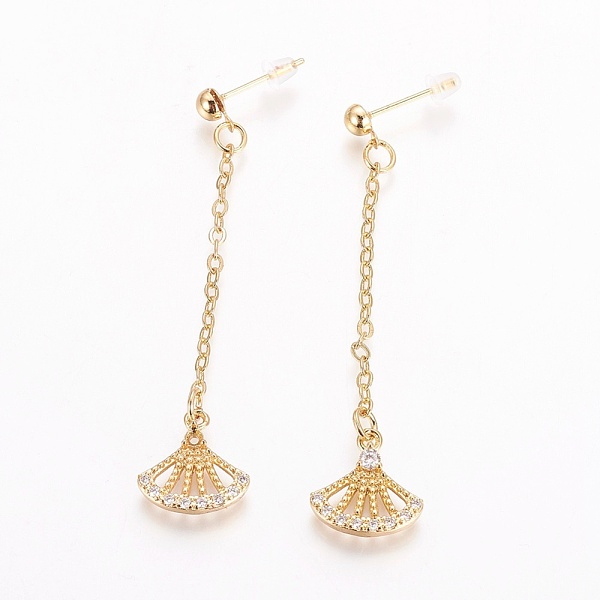 

PandaHall Brass Cubic Zirconia Stud Earrings, with Cable Chains, Fan Shape, Golden, 55~57mm, Pin: 0.8mm Cubic Zirconia Clear
