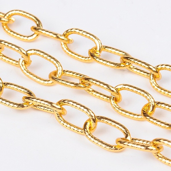 

PandaHall Aluminum Cable Chains, Textured, Unwelded, Oval, Oxidated in Gold, Size: about Chain: 12mm long, 8mm wide, 1.5mm thick Aluminum...