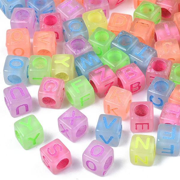 

PandaHall Luminous Transparent Acrylic Beads, Glow in the Dark, Cube with Letter, Mixed Color, 6x6x6mm, Hole: 3.5mm Acrylic Cube Multicolor