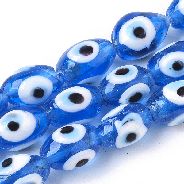 

PandaHall Handmade Evil Eye Lampwork Beads Strands, Rice, Blue, 8~9x13~14mm, Hole: 1.8mm, about 30pcs/strand, 15.16 inch(38.5cm) Lampwork...