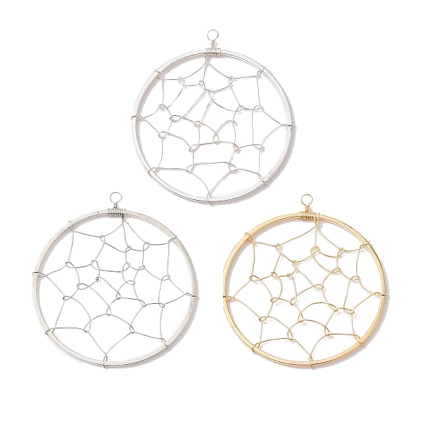 

PandaHall 3Pcs 3 Colors Copper Wired Pendants, Flat Round with Spider Web, Mixed Color, 40x35~36x1mm, Hole: 2mm Brass Flat Round