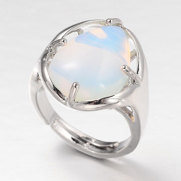 Teardrop Platinum Tone Brass Opalite Adjustable Wide Band Rings