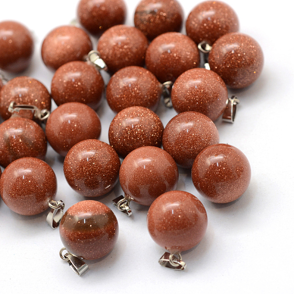 

PandaHall Round Synthetic Goldstone Pendants, with Platinum Tone Brass Findings, 17~19x13~14mm, Hole: 2x7mm Goldstone Round