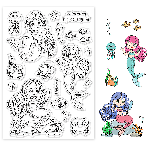PandaHall GLOBLELAND Mermaid Clear Stamps Summer Ocean Fish Coral Crab Seaweed Silicone Clear Stamp Seals for Cards Making DIY Scrapbooking...